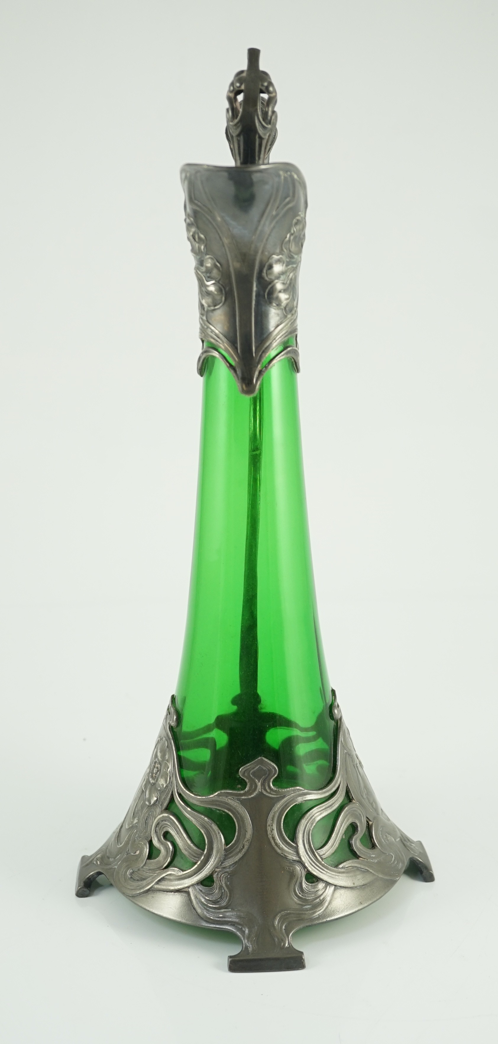 An Art Nouveau WMF metal mounted green glass ewer, c.1905, 40.5cm high